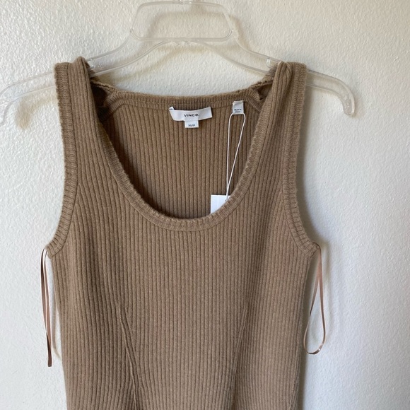 Vince Women’s Wool & Cashmere Ribbed Tank Dress Size XS Tan Raw Edge Midi Dress - Picture 3 of 9